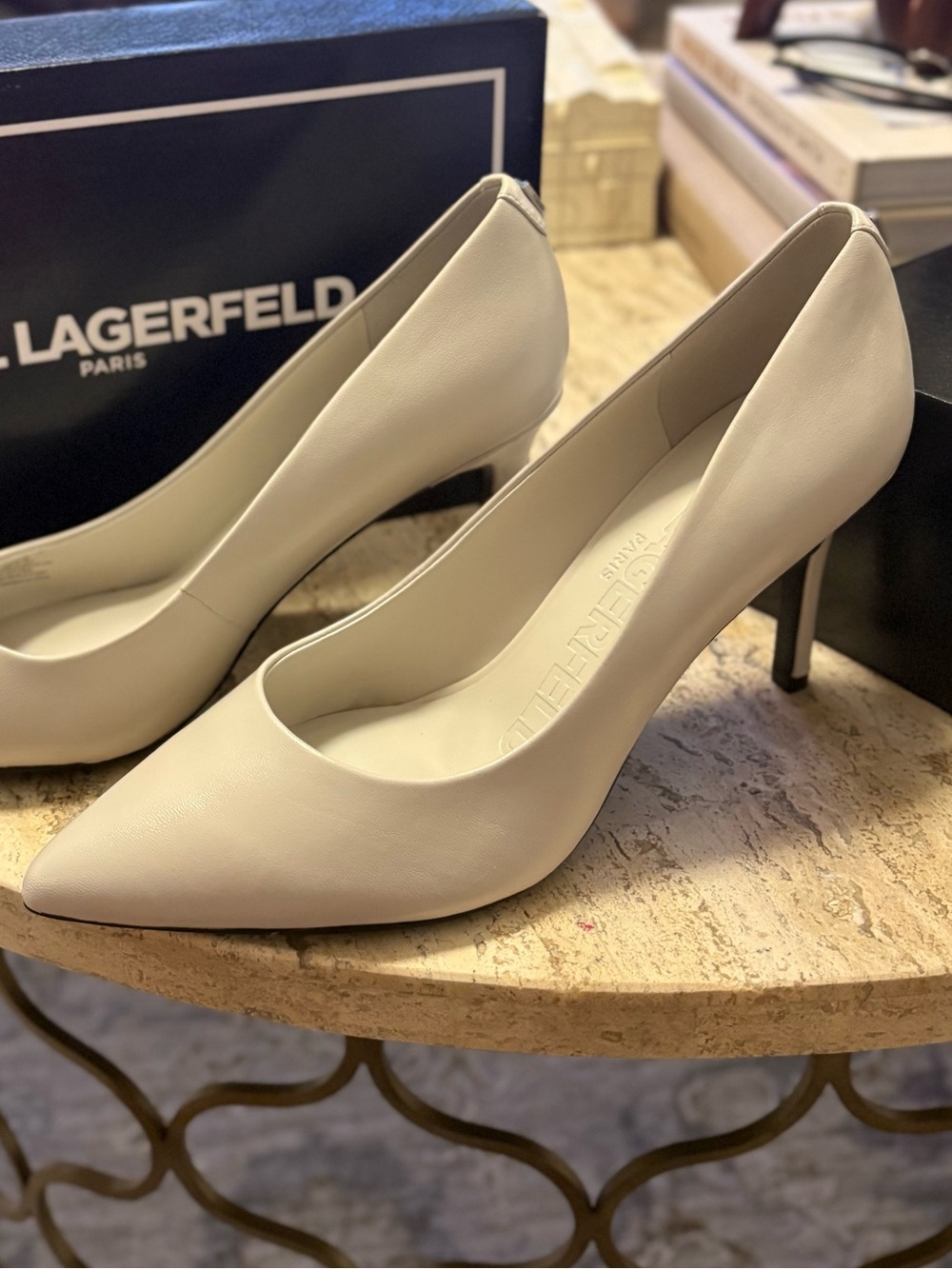 Karl Lagerfeld Women's Ivory Pointed-Toe Leather Pumps
